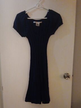 Max Studio Navy Ribbed Puff-Sleeve Maxi Dress